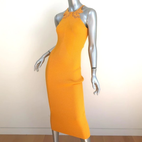 Self-Portrait Inserted Lace Knit Midi Dress Canary Yellow Size Small NEW - Picture 3 of 7